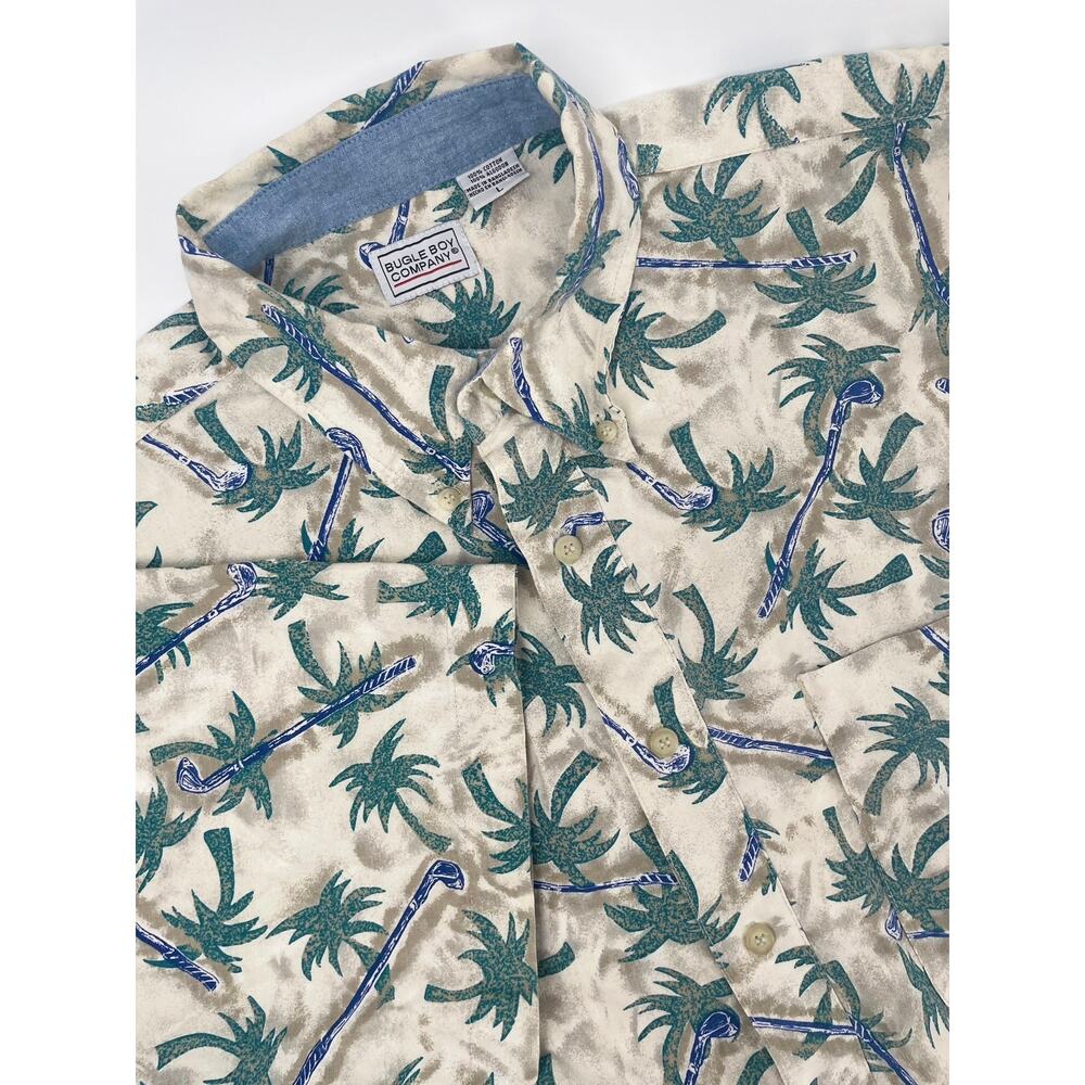 VNTG 90’s Bugle Boy Company Hawaiian Shirt Men’s L Golf Clubs Palm Tree